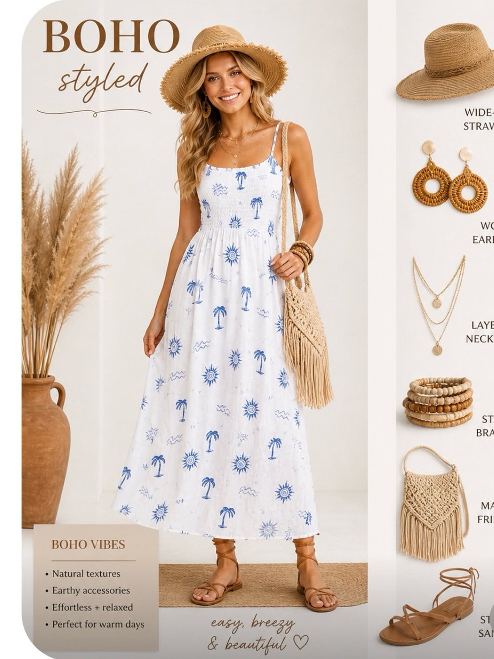 White & Blue Tropical Print Sundress – Smocked Bodice. Size L.